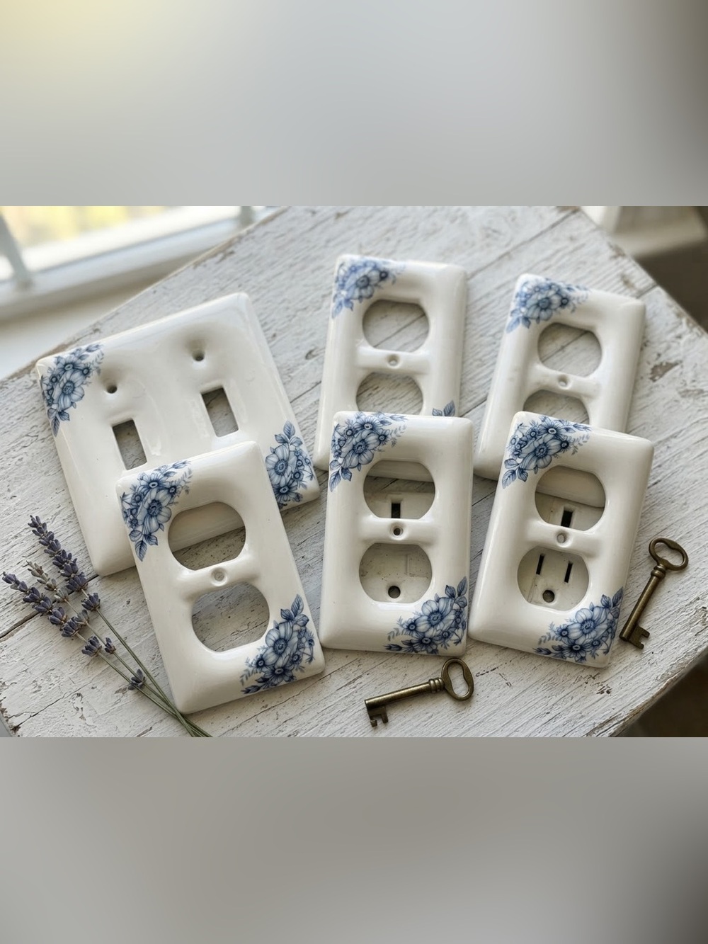 Vintage Blue Floral AmerTac Switch Plates & Outlet Covers (Set of 6)
